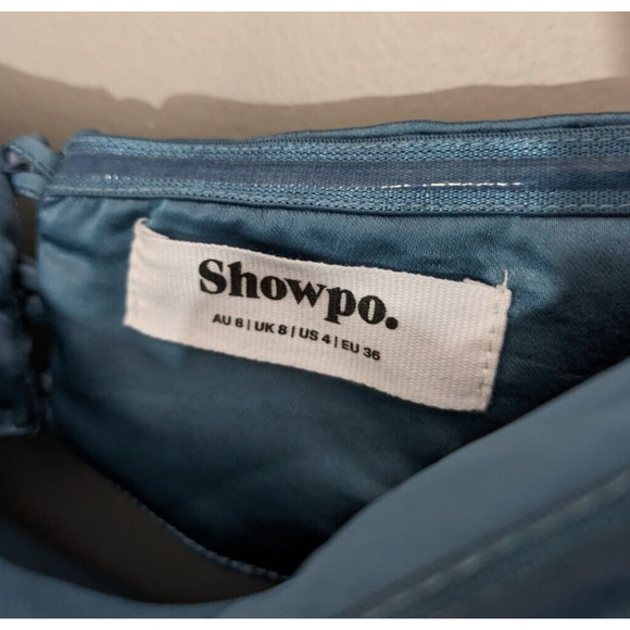 Showpo Charlita Steel Blue Maxi Dress Strapless Cowl Back Satin Dress Size 4 - Picture 7 of 11